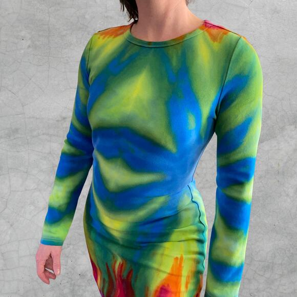 Ice Dyed Bodycon Dress - Long-sleeve Night Out - Hippie Boho Women's XLarge - Picture 2 of 11